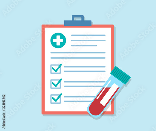 Medical checklist with test results and patient medical information. Health condition. Blood test result. Flat design illustration.
