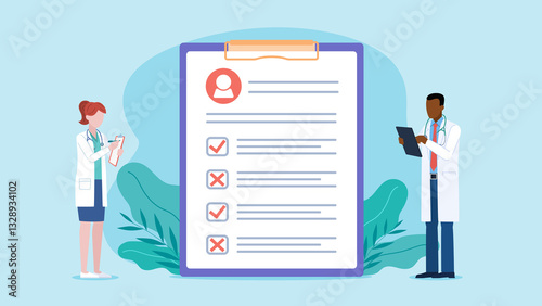 Medical checklist with positive and negative markers. Medical test. Doctors with notes and tablets. Patient examination results. Research analysis. Flat design illustartion.