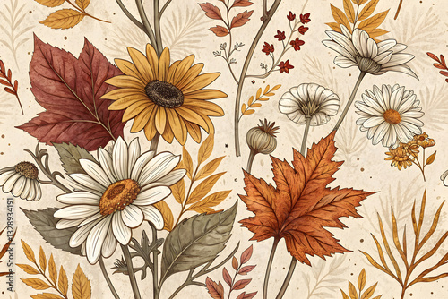 Wallpaper Mural Rustic Fall Wildflower Pattern Background  Autumn-Inspired Floral with Warm Earthy Tones Torontodigital.ca