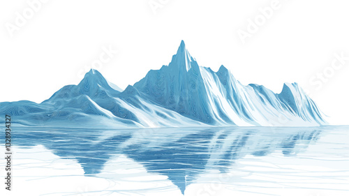Digital illustration of an iceberg with a clear reflection in calm water. The iceberg is depicted with varying shades of blue and white, suggesting texture and depth.  The reflection is almost a