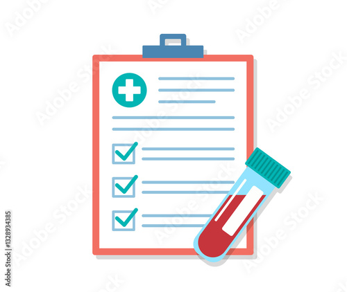 Medical questionnaire with blood test results. There is an ampoule of blood next to the checklist. Flat design illustration.