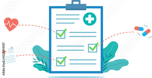 Completed medical checklist. Each marker has an icon. There are three icons, heart, pills, medical document. Flat design illustration.
