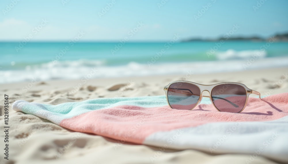 Sunglasses Resting on Beach Towel by Tranquil Ocean Waves and Sandy Shoreline Sunglasses Resting on Beach Towel by Tranquil Ocean Waves and Sandy Shoreline