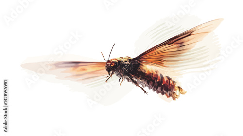 Close-up shot of a brown and orange moth in flight against a pure white background. The moth's wings are partially blurred, suggesting movement.  The image showcases detailed textures and patterns