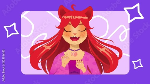 Cat girl jumping happily on purple background. Beautiful anime girl with cat ears. Cute anime woman animation. Character for advertising