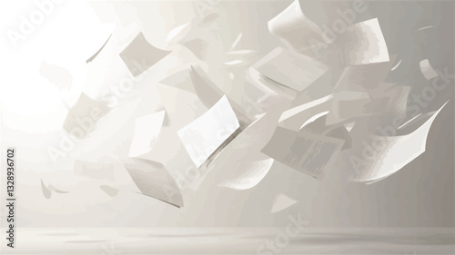 The image depicts numerous white pieces of paper seemingly floating in mid-air against a bright, almost uniformly lit background. The papers are irregularly shaped, some appearing crumpled or