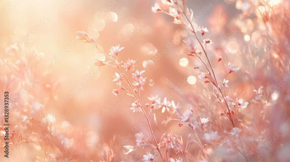 Naklejka premium Soft-focus image of delicate pink wildflowers bathed in warm, golden sunlight. A dreamy, ethereal scene.