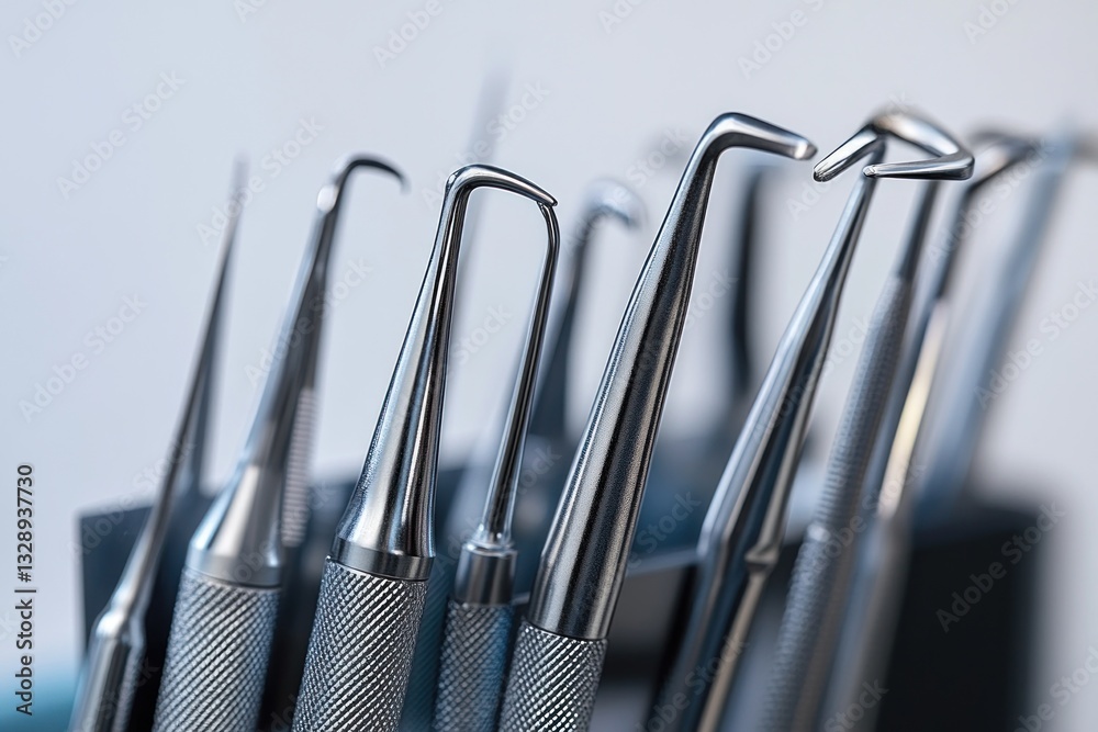 close-up macro photo of dental tools metal instruments for dentist and orthodontist in clinic close-up macro photo of dental tools metal instruments for dentist and orthodontist in clinic
