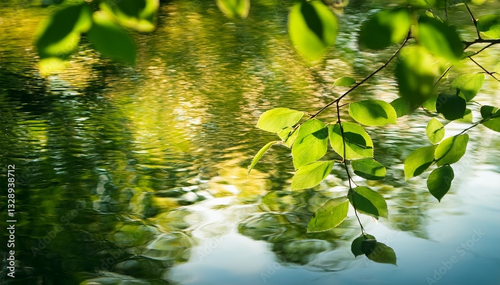Naklejka premium Blurry reflections of tree leaves on water, with light dancing on soft ripples, creating a dreamy and tranquil atmosphere