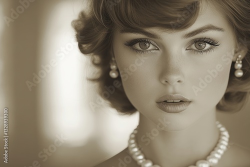 Elegant Woman with Pearl and Gemstone Jewelry Vintage Portrait