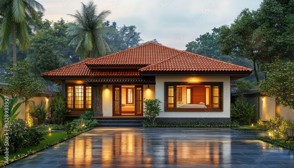 Traditional House with Red Tiled Roof Surrounded by Lush Garden in Evening Light