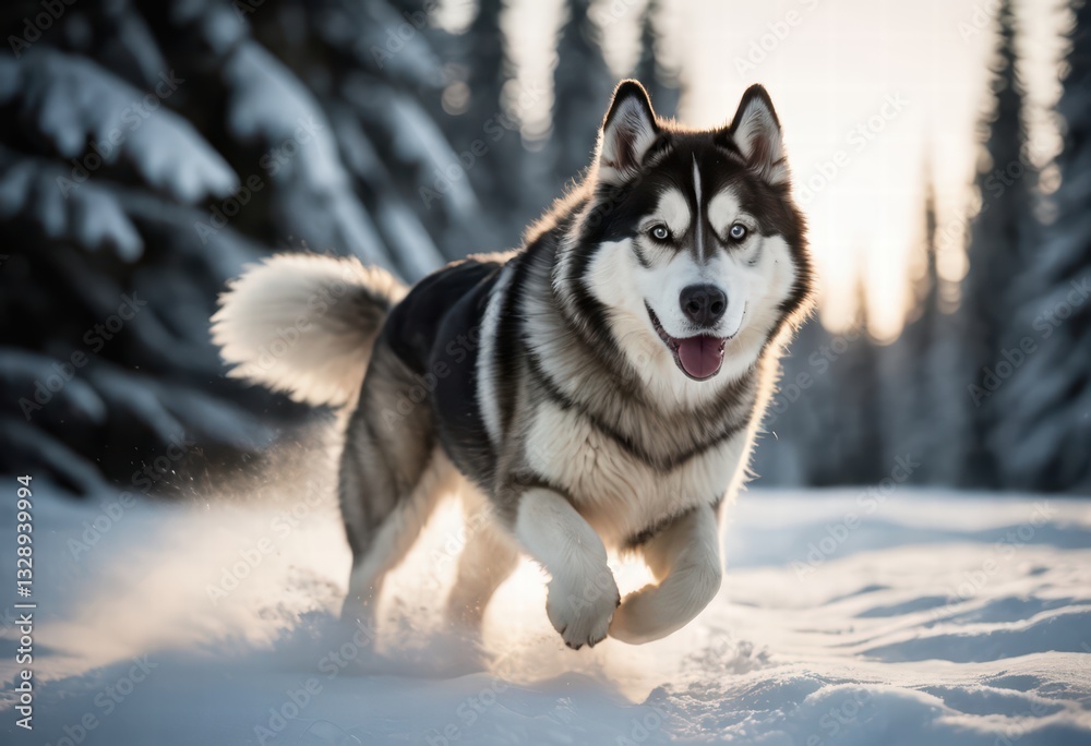 Naklejka premium alaskan malamute dog running in a frozen forest, in the snow