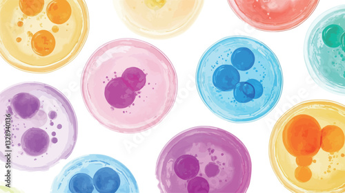 The image shows multiple circular shapes arranged in a pattern against a white background. Each circle contains various smaller, irregularly shaped blobs of color.  The colors are predominantly