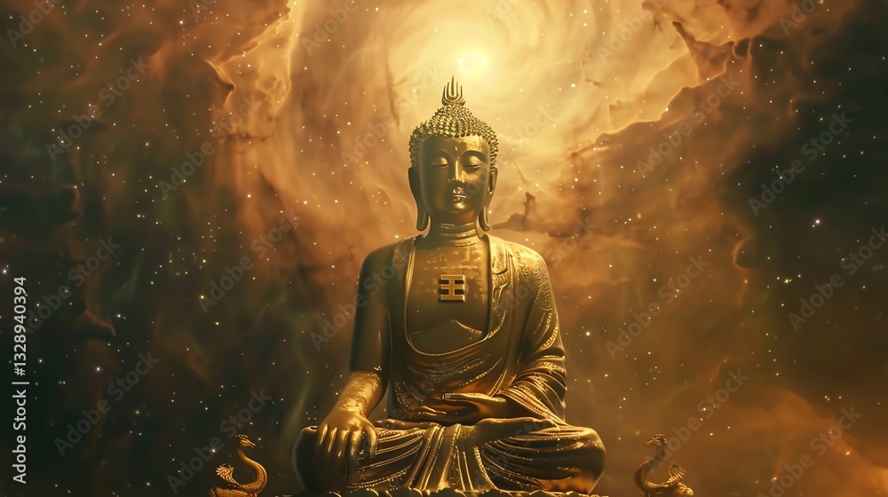 A golden Buddha statue sits in a meditative pose in front of a swirling, golden nebula with stars. A golden Buddha statue sits in a meditative pose in front of a swirling, golden nebula with stars.