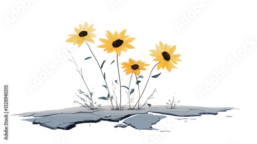 The image is a stylized illustration or painting of four sunflowers emerging from cracked, grey earth against a white background.  The sunflowers are depicted in a simplified, almost