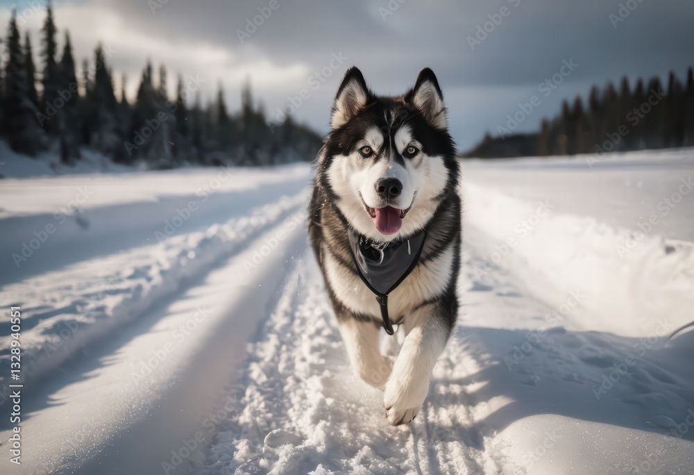 alaskan malamute dog running in a frozen forest, in the snow alaskan malamute dog running in a frozen forest, in the snow