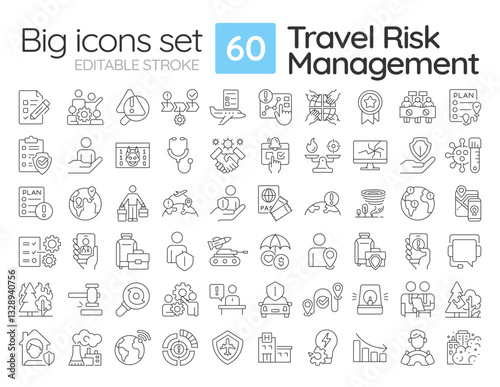 Travel risk management linear icons set. Protecting business travelers on journeys. Safety providing. Customizable thin line symbols. Isolated vector outline illustrations. Editable stroke