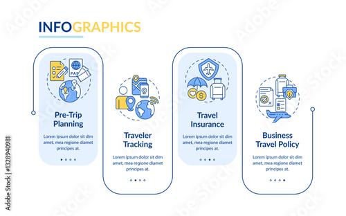 Travel risk management solutions rectangle infographic vector. Security services for tourist. Data visualization with 4 steps. Editable rectangular options chart. Lato-Bold, Regular fonts used