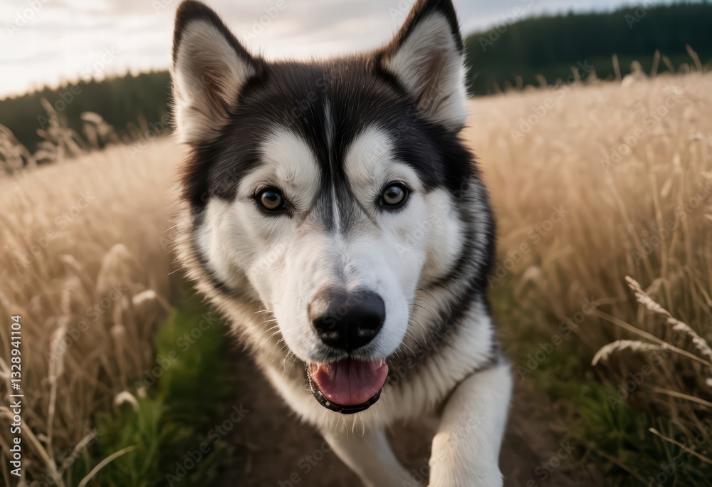 alaskan malamute dog running in the meadown alaskan malamute dog running in the meadown