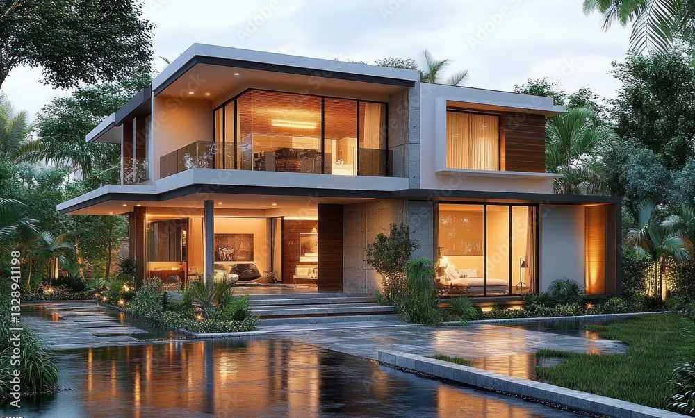 Fototapeta premium Modern Minimalist Tropical Villa Surrounded by Greenery with Evening Light Reflections