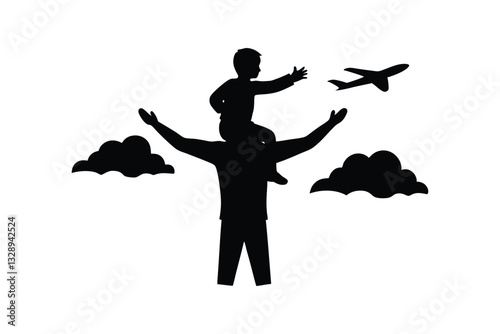 Silhouette design of a father giving his son a piggyback ride with arms outstretched like an airplane vector art illustration.eps