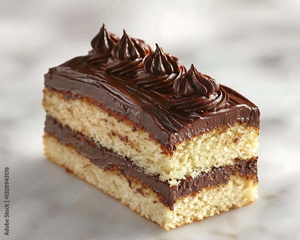 Cake Slice with Chocolate Frosting on Marble Cake Slice with Chocolate Frosting on Marble