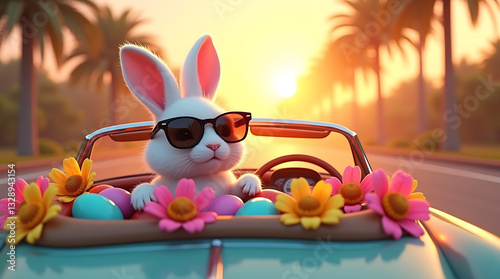 Wallpaper Mural Cool Easter Bunny in Sunglasses Cruising in a Vintage Convertible with Colorful Eggs and Flowers at Sunset – Stylish Springtime Celebration Torontodigital.ca