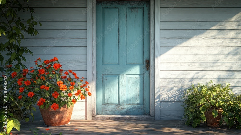 Fototapeta premium Sunny porch, teal door, flowers, house exterior, summer