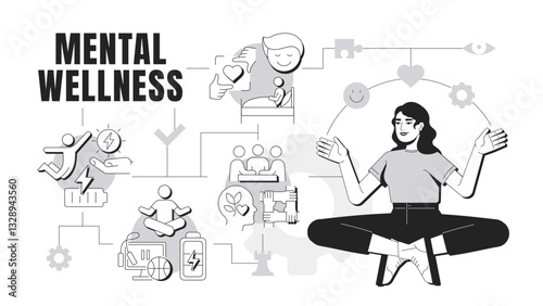 Mental wellness banner conceptual illustration. Healthy lifestyle. Training, meditation. Self awareness, emotional support. Abstract idea with stylized character, outline icons. Monochrome vector