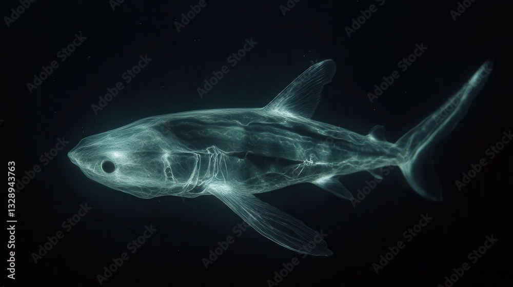 an extremely rare ghost shark swimming through the deep, its translucent skin revealing faint glowing patterns as it moves through the inky blackness of the abyss. 