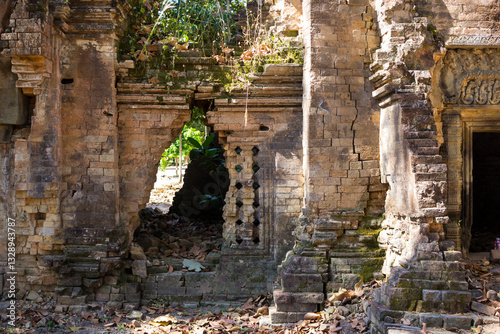 Visible Cracks and Crumbling Masonry of a Medieval Khmer Temple