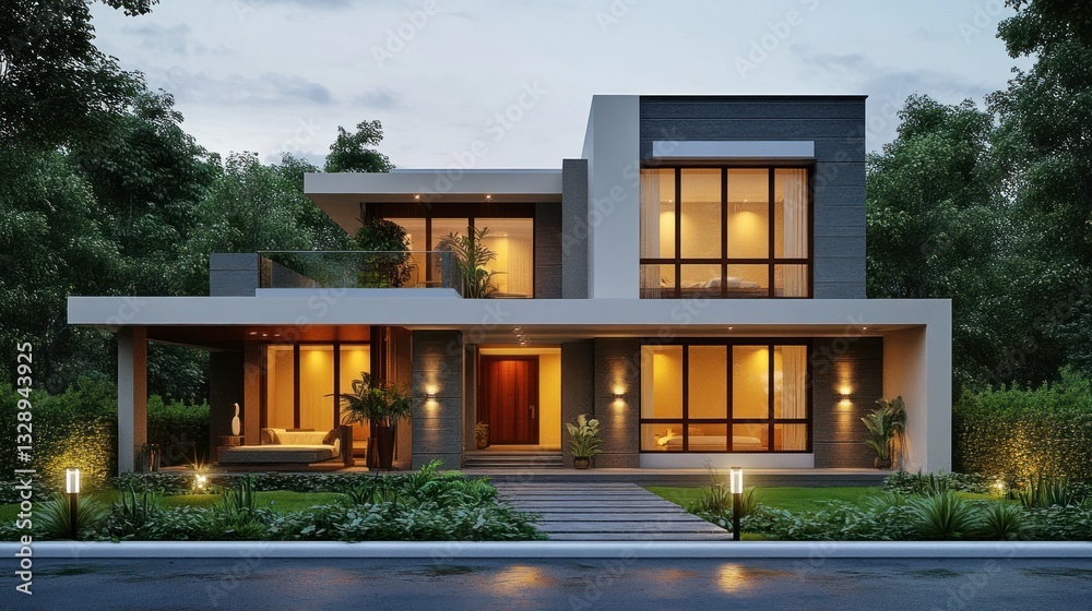 Luxury Modern Minimalist House Design Surrounded by Lush Greenery in Soft Evening Light Luxury Modern Minimalist House Design Surrounded by Lush Greenery in Soft Evening Light