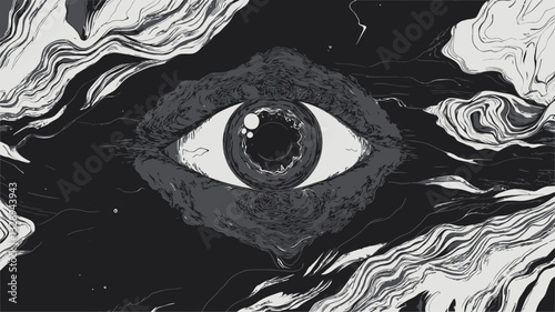 The image is a grayscale digital illustration featuring a stylized eye as the central focus. The eye is rendered in detail, with visible iris, pupil, and highlights, giving it a sense of realism
