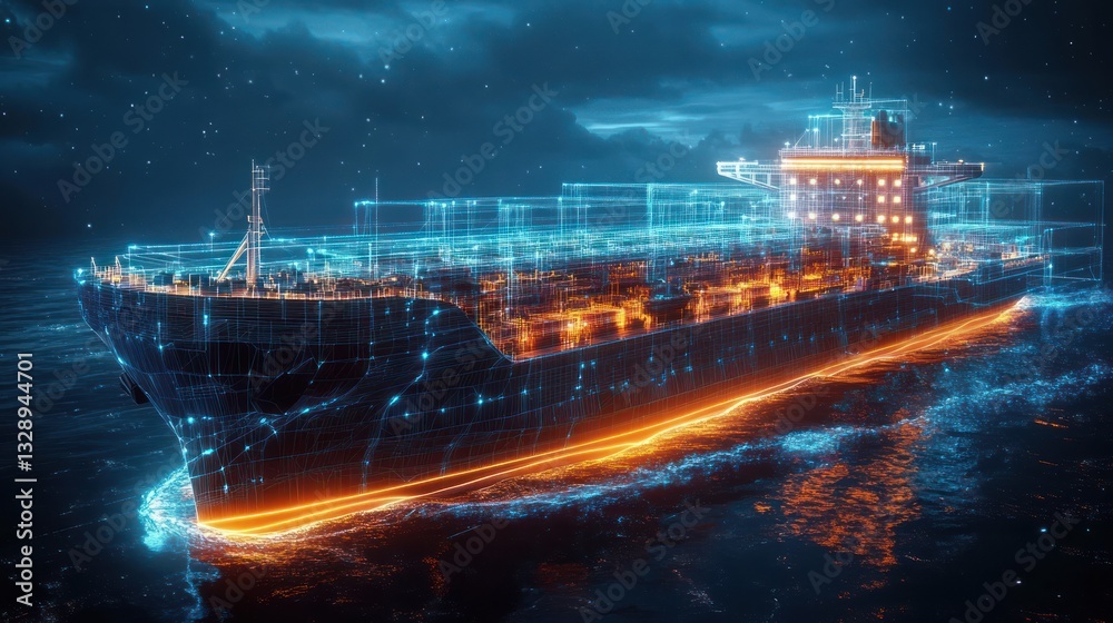Obraz premium Futuristic Cyberpunk Container Ship with Neon Glow and Wireframe Structure
