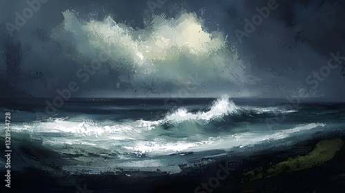 Oceanic Drama: Captivating the raw power of the ocean, a digitally painted seascape unveils crashing waves under a dramatic, cloud-filled sky. Expressing the turbulent forces of nature.