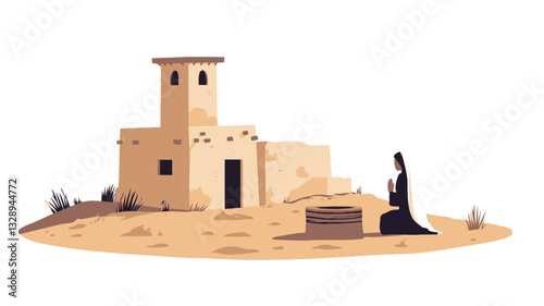 A digital illustration depicting a simple, tan-colored building, possibly a dwelling, situated in a desert landscape.  The building has a small tower-like structure on top. A woman in a long black