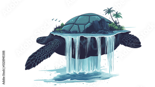 Digital illustration depicting a stylized sea turtle with a miniature island landscape on its shell.  A waterfall flows from the island down the turtle's shell into the water below. The color