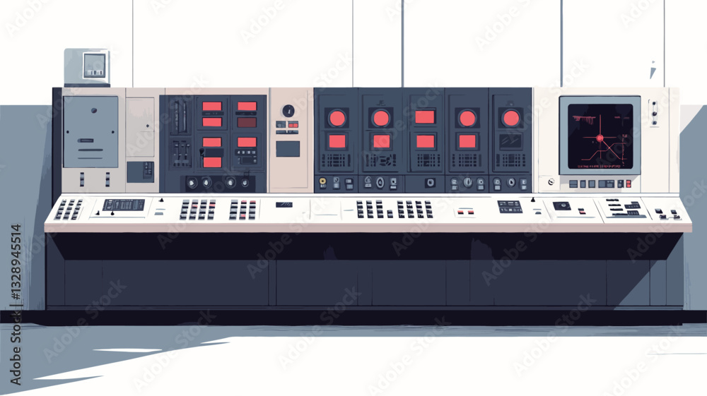 The image shows a stylized illustration of a retro-futuristic control panel. The panel is predominantly off-white with dark gray and blue accents. It features numerous buttons, lights (some The image shows a stylized illustration of a retro-futuristic control panel. The panel is predominantly off-white with dark gray and blue accents. It features numerous buttons, lights (some