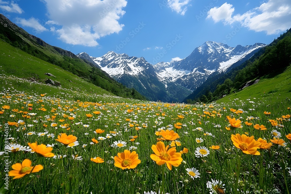 Fototapeta premium Alpine meadow flowers, mountains, sun