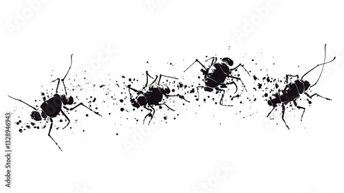 The image is a monochrome illustration depicting four stylized ants arranged in a horizontal line. The ants are rendered in black ink with visible splatter and texture, giving a sense of movement.