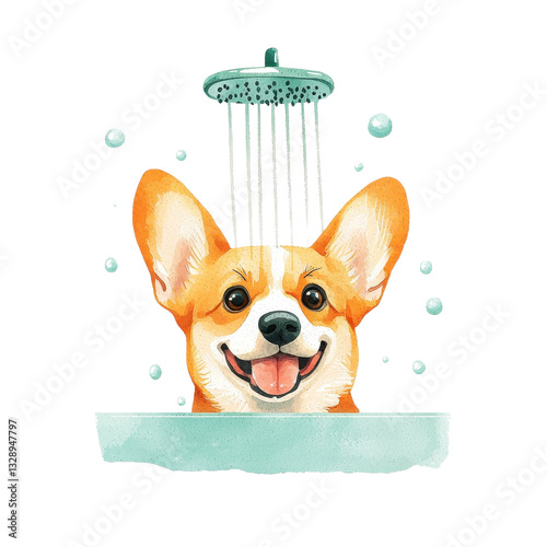 Cute corgi enjoying shower with bubbles around