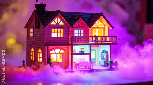 A DIY miniature dollhouse craft kit shown with vibrant volumetric lighting, bright and lively colors, and energetic feel, visible light beams through dust or fog