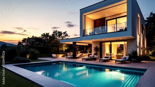 Wallpaper Mural A luxury house with a swimming pool at night Torontodigital.ca