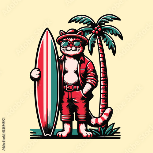 Photography illustration of a cat surfing on the beach