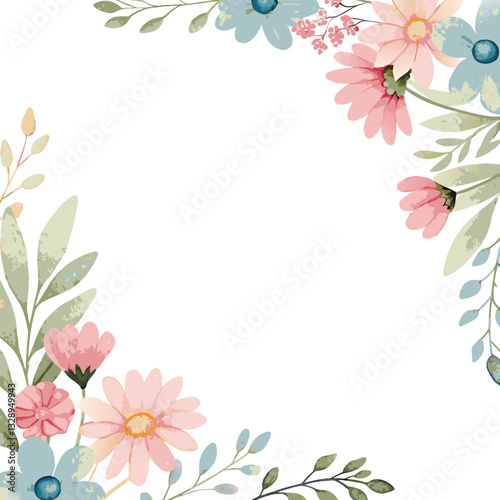 Elegant Watercolor Floral Frame with Pastel floral, flower Pink and Blue Flowers and Greenery