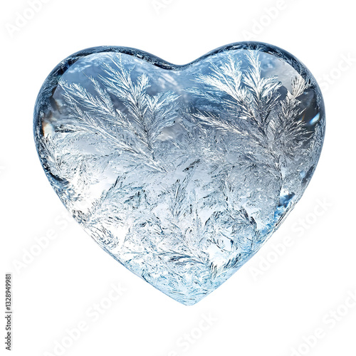 A heart-shaped block of ice featuring intricate frost patterns, symbolizing a cold and crystalline romance.