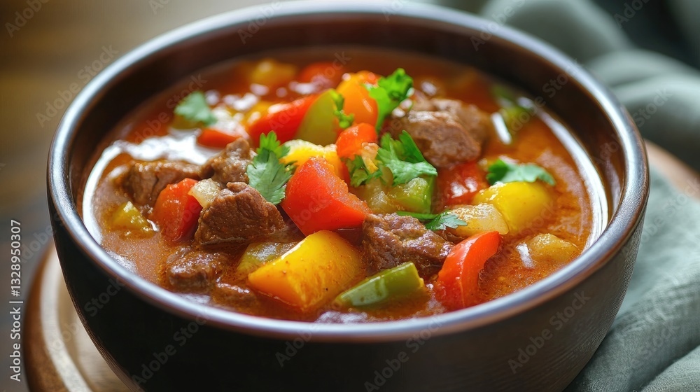 Delicious and Colorful Beef Stew with Fresh Vegetables in a Rustic Bowl on Wooden Table Delicious and Colorful Beef Stew with Fresh Vegetables in a Rustic Bowl on Wooden Table