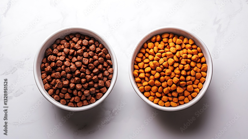 Two bowls filled with nuts and pet food placed side by side on white background Two bowls filled with nuts and pet food placed side by side on white background