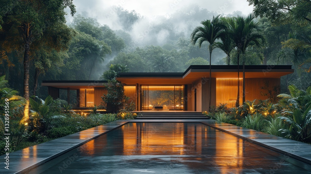 Fototapeta premium Modern Minimalist Tropical House Surrounded by Lush Greenery and Palm Trees with Evening Lighting