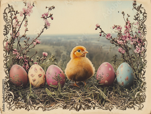 Vintage Easter postcard with a faded hand-tinted photo of a countryside celebration, framed by Victorian motifs of chicks, eggs, and ornate calligraphy.